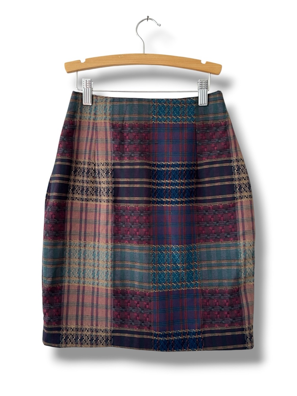 Kerrie & Kelsey Pencil Skirt Womens 2 Vintage 90s Plaid Patchwork Textured Woven